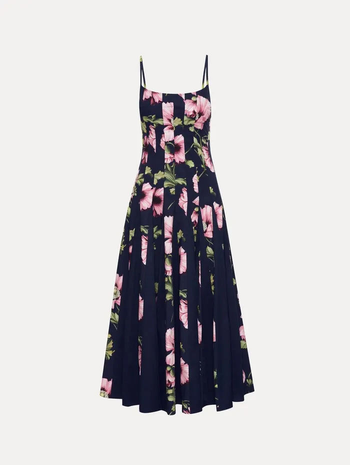 Poppy Cotton Poplin Inset Dress Navy Pink Women Oscar De La Renta Dresses
