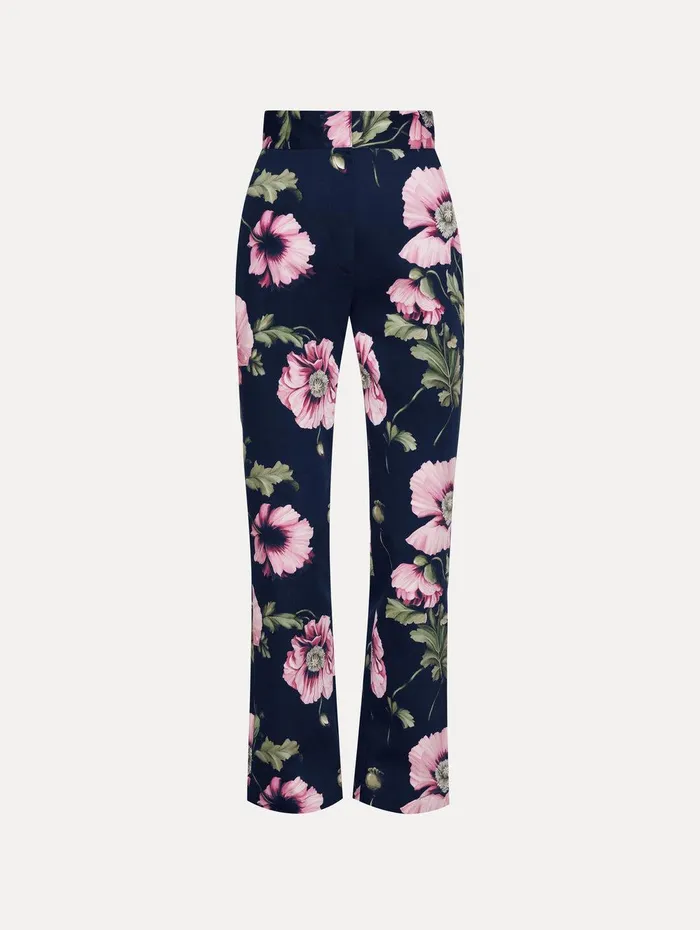 Poppy Cotton Twill Pant Navy Pink Women Oscar De La Renta Pants and Skirts