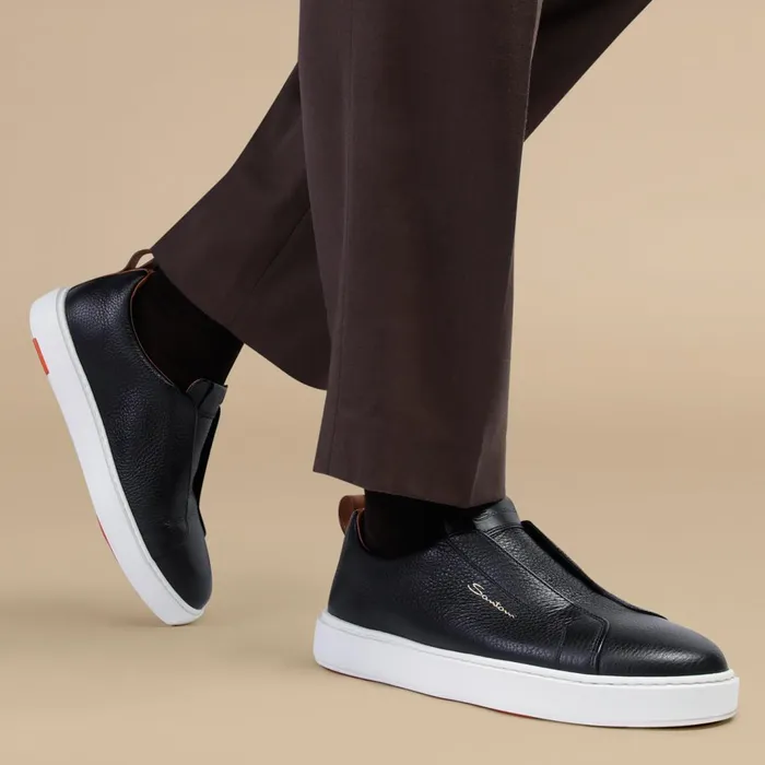 Santoni Black Tumbled Leather SlipOn Sneaker Men Sneakers