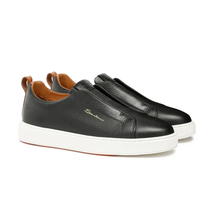 Santoni Black Tumbled Leather SlipOn Sneaker Men Sneakers