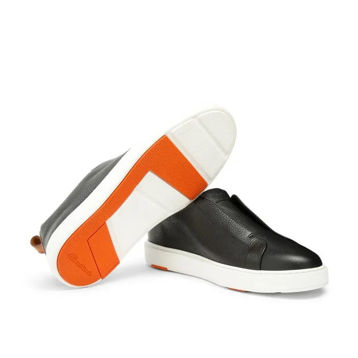 Santoni Black Tumbled Leather SlipOn Sneaker Men Sneakers