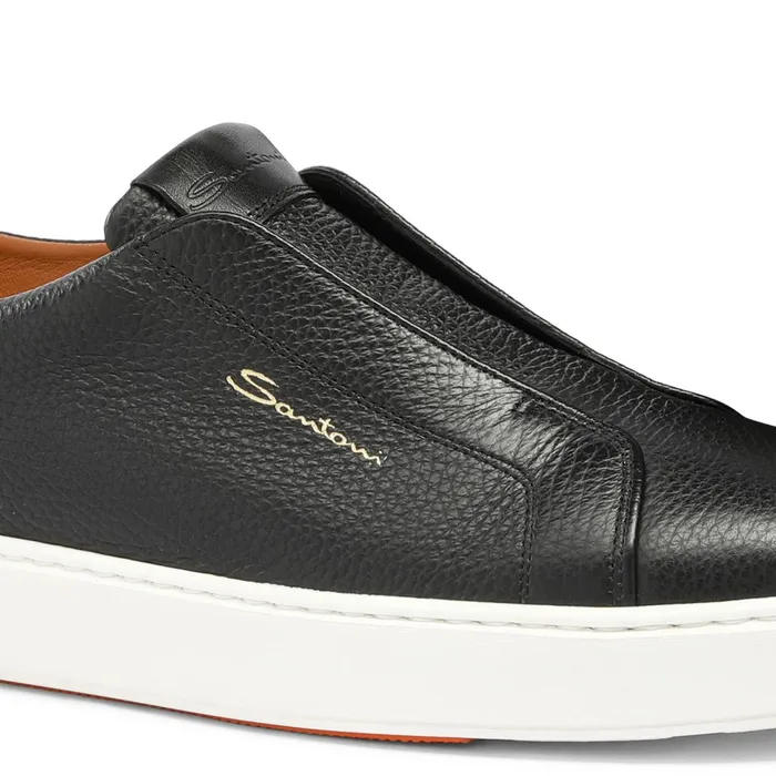 Santoni Black Tumbled Leather SlipOn Sneaker Men Sneakers