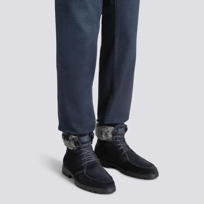 Santoni Blue Suede LaceUp Boot With Fur Men Boots
