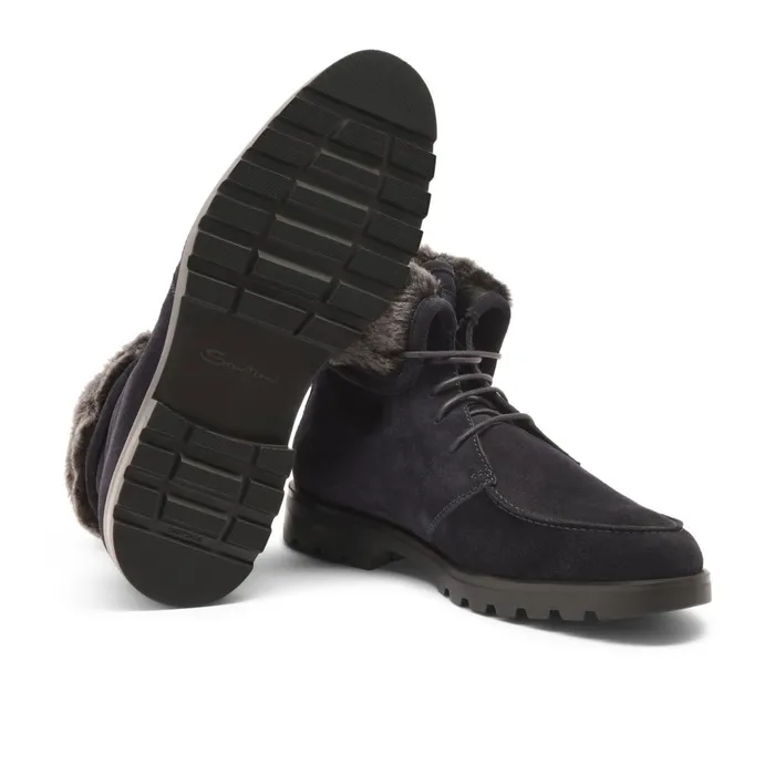 Santoni Blue Suede LaceUp Boot With Fur Men Boots