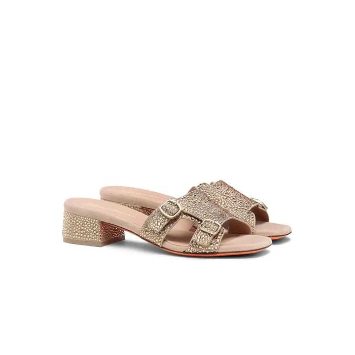 Santoni Gold Suede And Strass LowHeel Didi Sandal Women Sandals