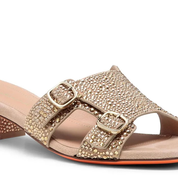 Santoni Gold Suede And Strass LowHeel Didi Sandal Women Sandals