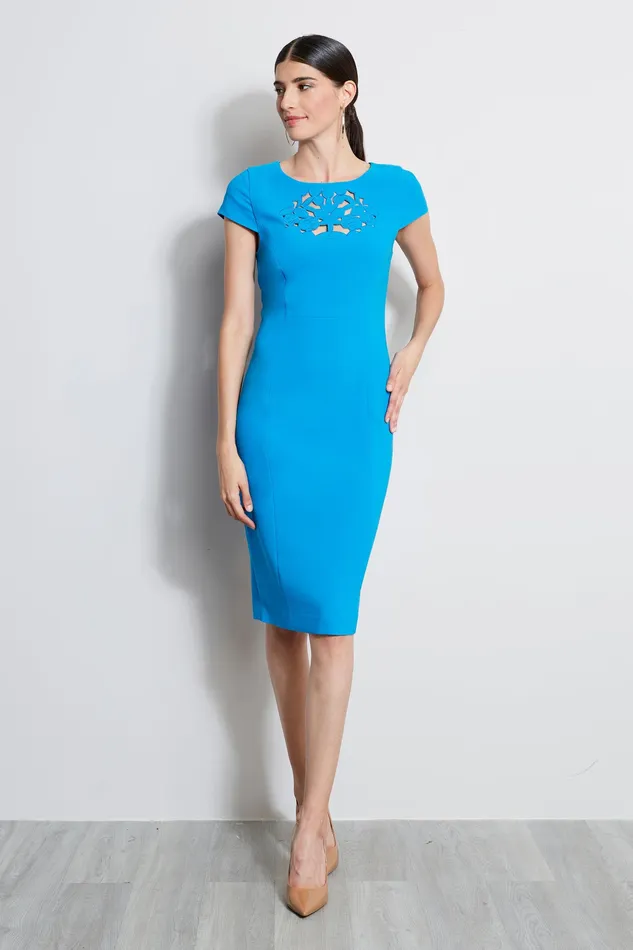 Short Sleeve Dresses Women Elie Tahari Cut Out Embroidered Dress PERSIAN BLUE