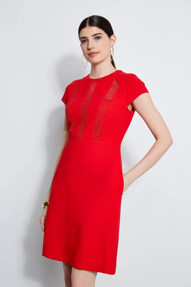 Short Sleeve Dresses Women Elie Tahari Geo Lace Inset Dress BERRY