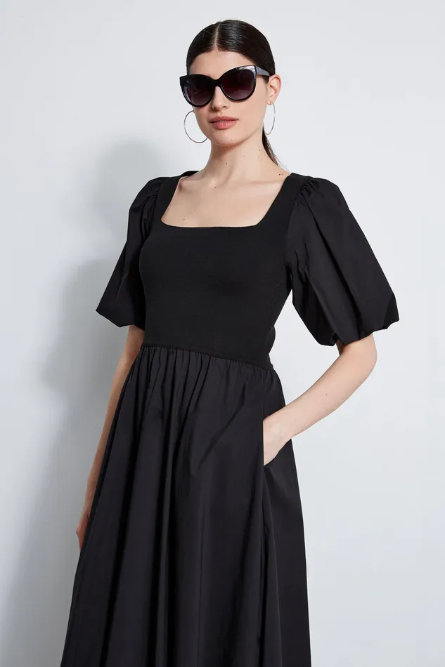 Short Sleeve Dresses Women Elie Tahari Puff Sleeve Cotton Dress NOIR