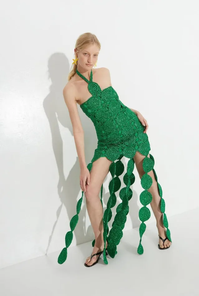 Simon Miller Dresses Women Beep Beep Dress In Gummy Green Hand Knit Lurex Crochet Simon Miller Dresses Women Beep Beep Dress In Gummy Green Hand Knit Lurex Crochet