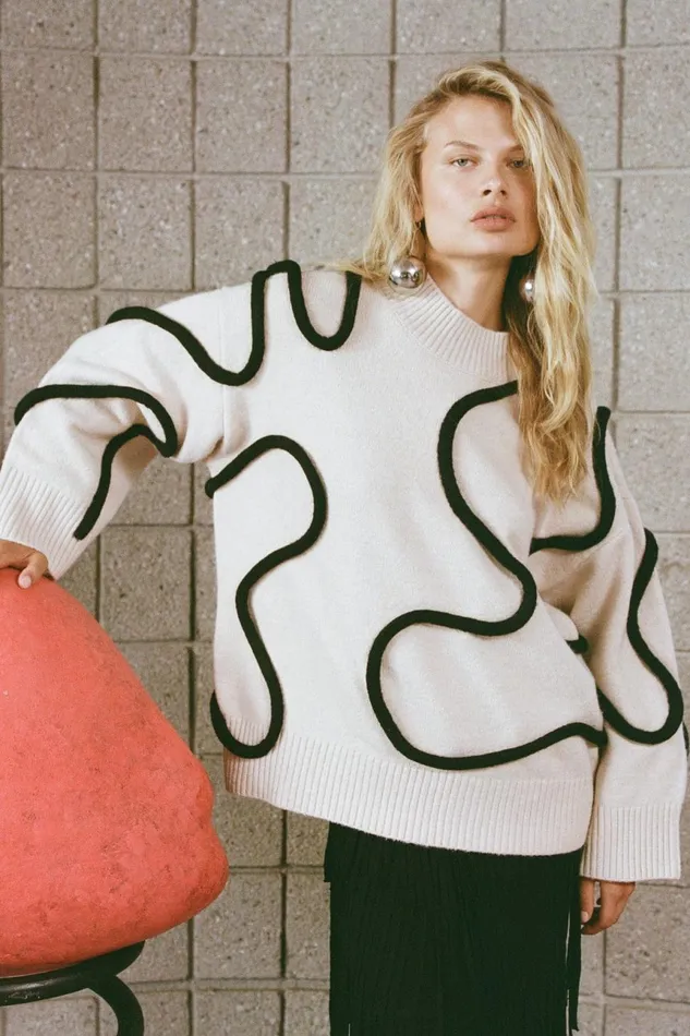 Simon Miller Sweaters Women Simon Miller Leith Squiggle Knit Sweater In CreamBlack Simon Miller Sweaters Women Simon Miller Leith Squiggle Knit Sweater In CreamBlack