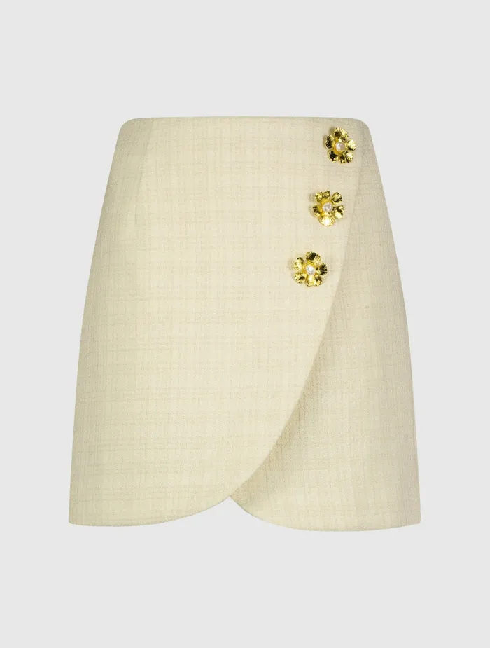 Skirts Mac Duggal Women Tweed Wrap Mini Skirt With Floral Buttons 8211 FINAL SALE Cream