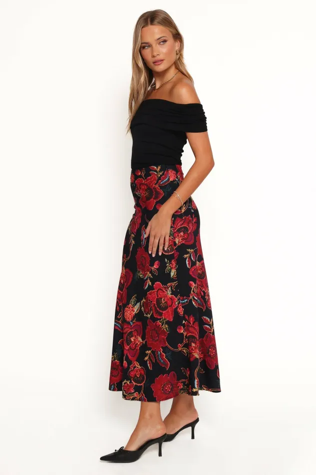 Skirts Women Evie Maxi Skirt Black Floral Petal and Pup