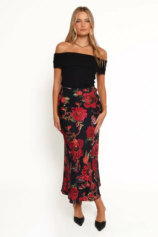 Skirts Women Evie Maxi Skirt Black Floral Petal and Pup