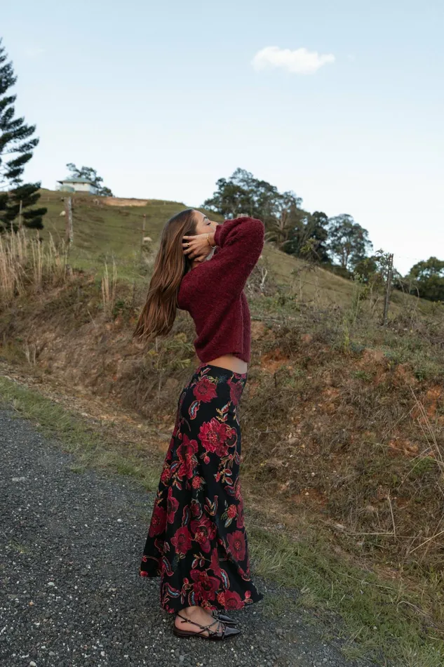 Skirts Women Evie Maxi Skirt Black Floral Petal and Pup