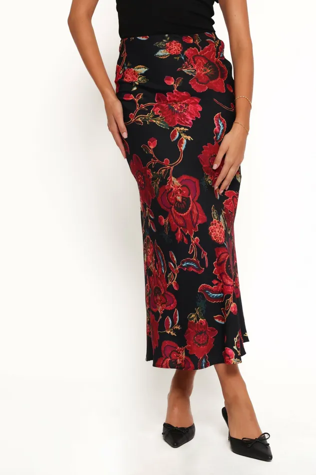 Skirts Women Evie Maxi Skirt Black Floral Petal and Pup