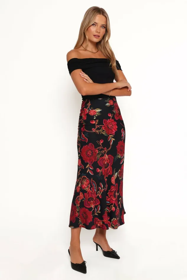 Skirts Women Evie Maxi Skirt Black Floral Petal and Pup