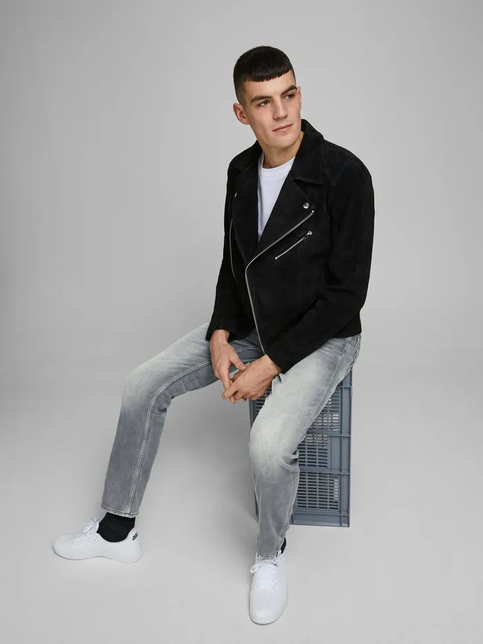 Slim and Straight Jeans JACK and JONES Mens TIM LEON GE 067 INDIGO KNIT SLIMSTRAIGHT FIT JEANS Grey Grey Denim
