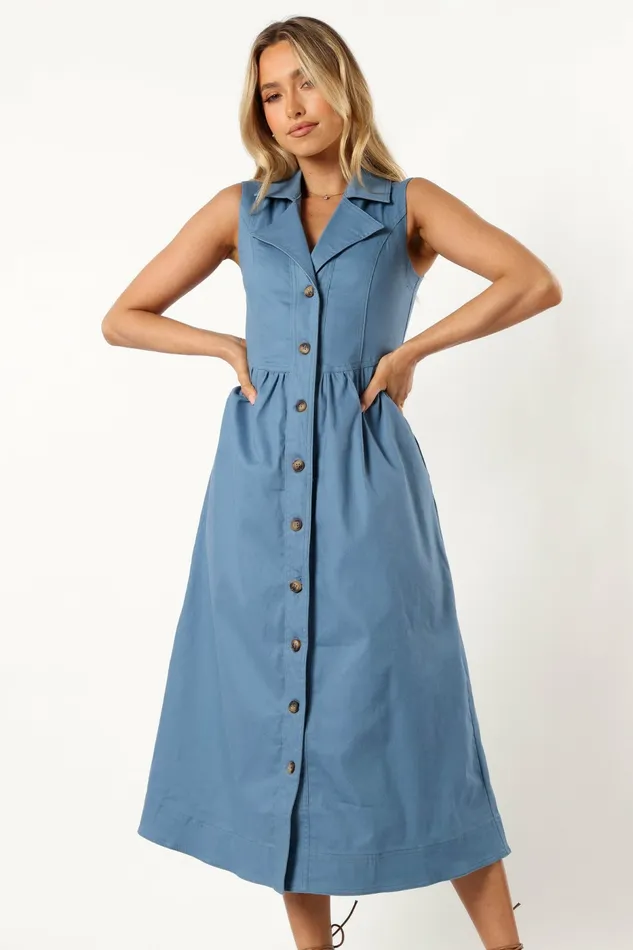 Sonja Midi Dress Steel Blue Dresses Petal and Pup Women