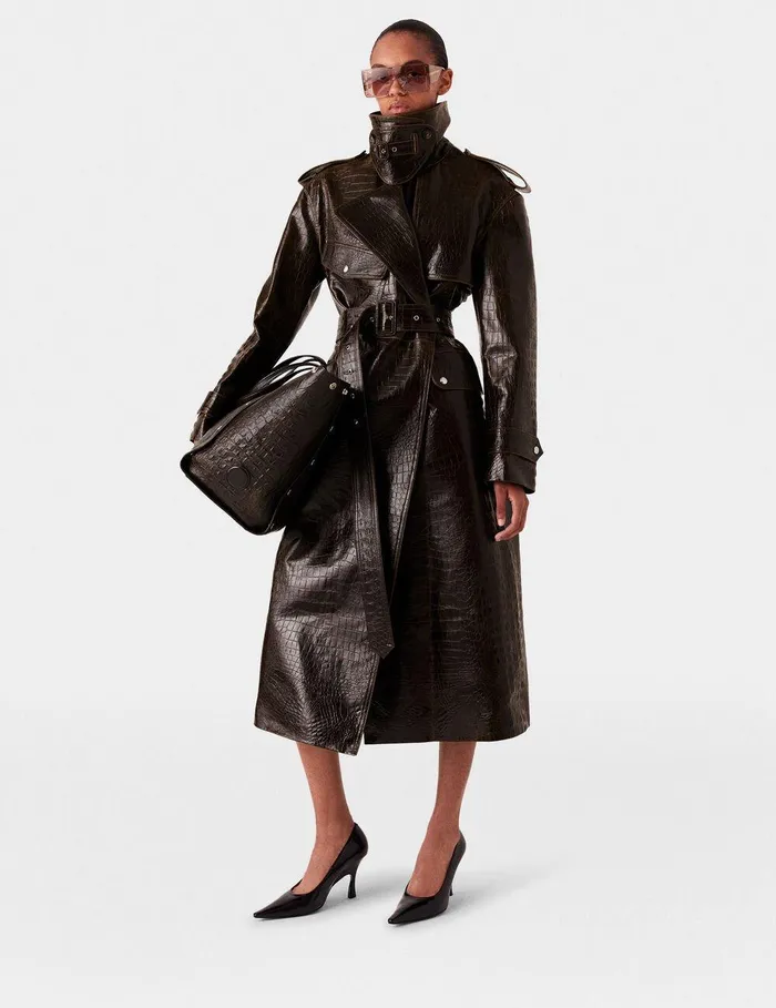 Stella McCartney Coats And Jackets Women Crocodile Embossed Trench Coat Mocha Brown Stella McCartney Coats And Jackets Women Crocodile Embossed Trench Coat Mocha Brown