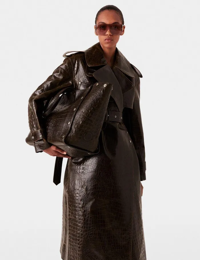 Stella McCartney Coats And Jackets Women Crocodile Embossed Trench Coat Mocha Brown Stella McCartney Coats And Jackets Women Crocodile Embossed Trench Coat Mocha Brown