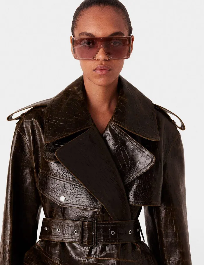 Stella McCartney Coats And Jackets Women Crocodile Embossed Trench Coat Mocha Brown Stella McCartney Coats And Jackets Women Crocodile Embossed Trench Coat Mocha Brown