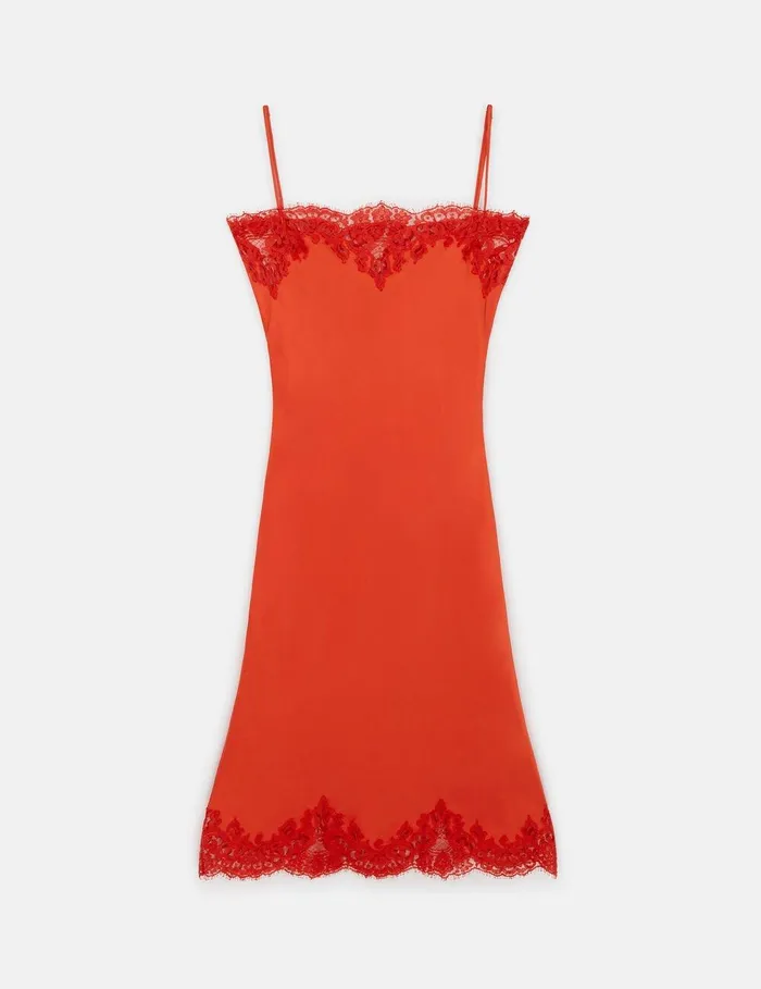 Stella McCartney Dresses Women Sleeveless Lace Satin Midi Dress Scarlet Red