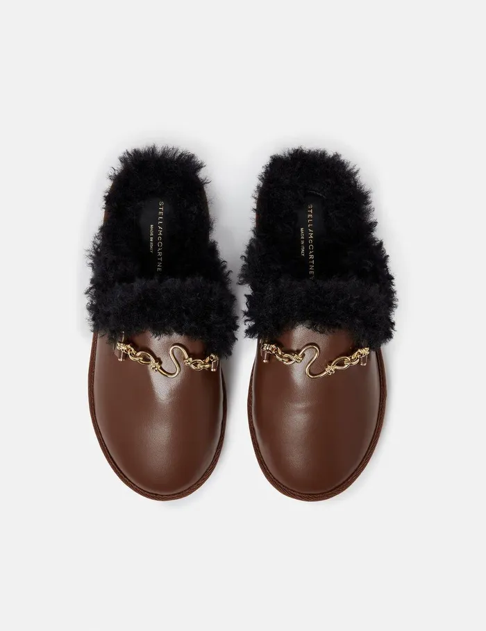 Stella McCartney Flats Women Ryder Backless Vegan Plush TeddyLined Loafers Tortoiseshell Brown Stella McCartney Flats Women Ryder Backless Vegan Plush TeddyLined Loafers Tortoiseshell Brown