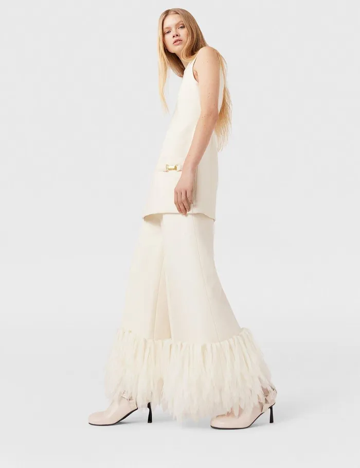 Stella McCartney Pants And Shorts Women HighRise WideLeg Feather Pants Cream White Stella McCartney Pants And Shorts Women HighRise WideLeg Feather Pants Cream White