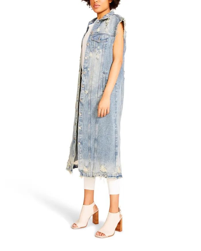 Steve Madden Long Denim Vest Denim Fabric Womens Jackets and Coats Steve Madden Long Denim Vest Denim Fabric Womens Jackets and Coats