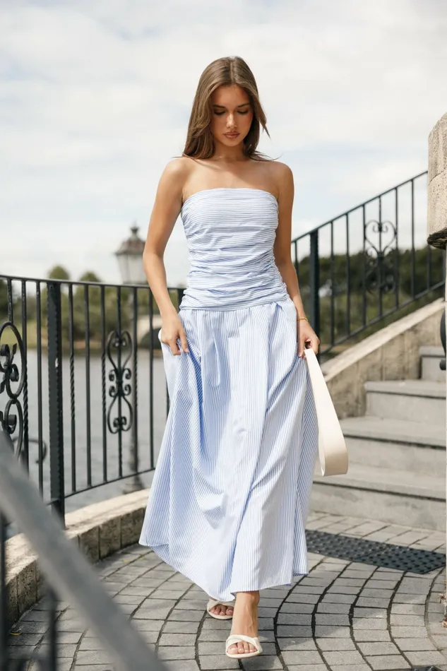 Strapless Dresses Petal and Pup Women Avalee Strapless Maxi Dress Blue Stripe