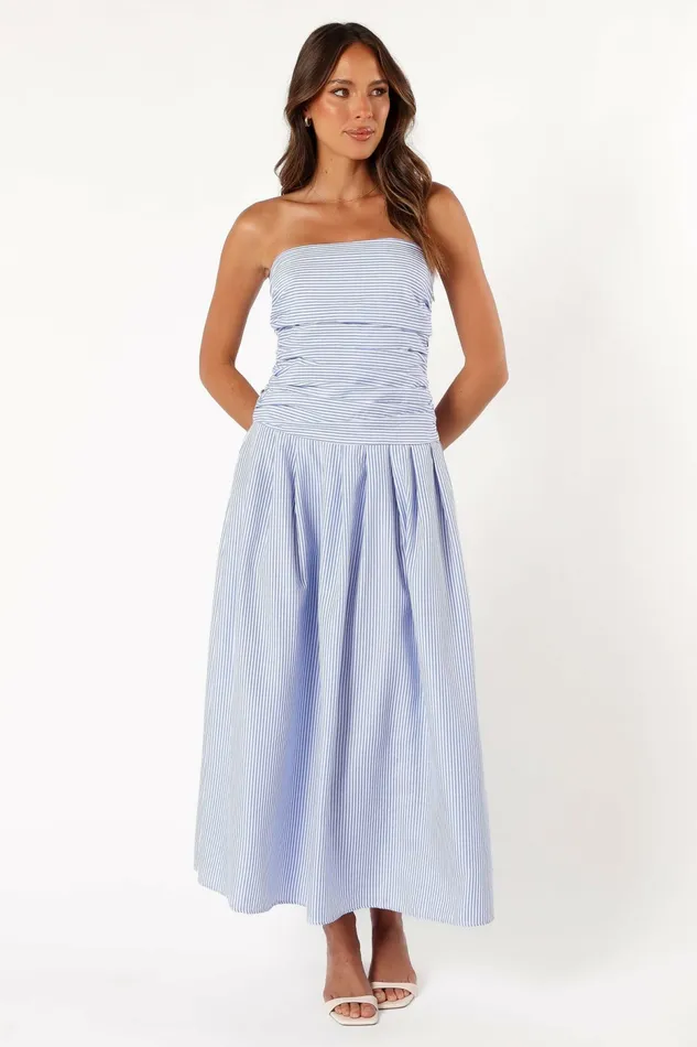 Strapless Dresses Petal and Pup Women Avalee Strapless Maxi Dress Blue Stripe