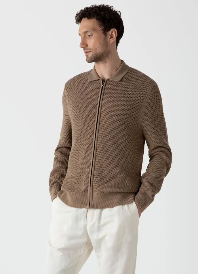 Sunspel X MR PORTER Mesh Knit Jacket Oat Men SUNSPEL Knitwear