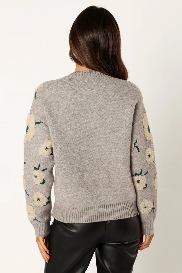 Sweaters Women Aubrielle All Over Flower Knit Sweater Grey Green Petal and Pup