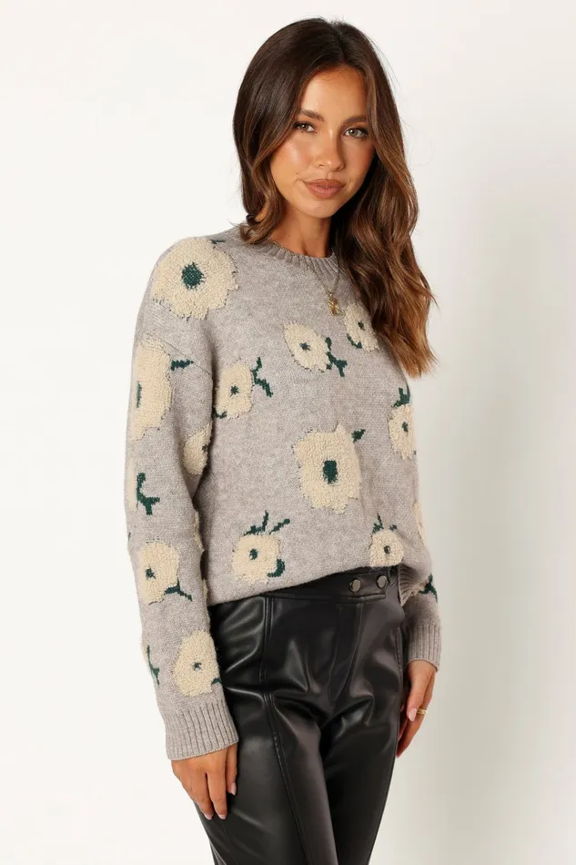 Sweaters Women Aubrielle All Over Flower Knit Sweater Grey Green Petal and Pup