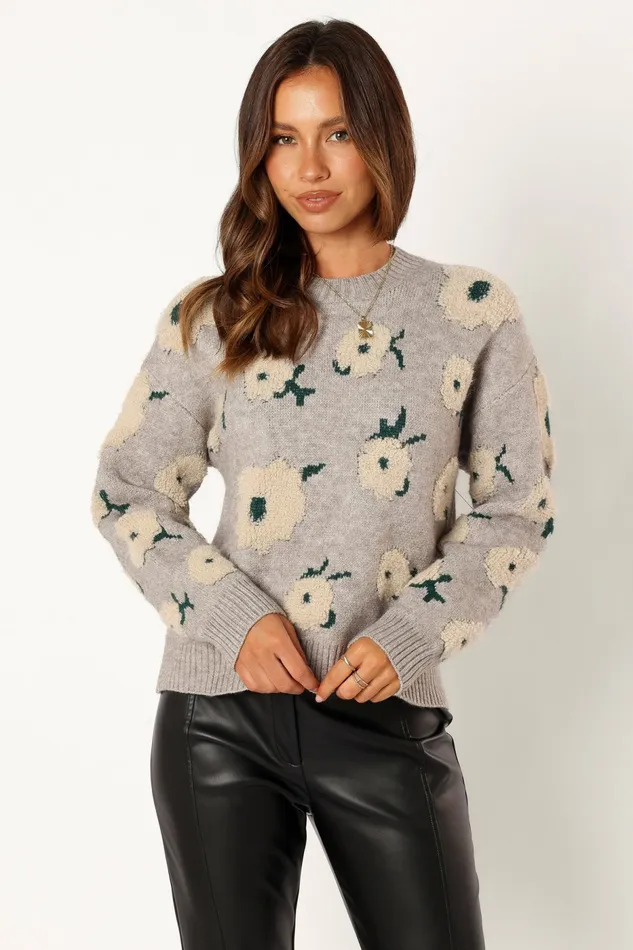 Sweaters Women Aubrielle All Over Flower Knit Sweater Grey Green Petal and Pup