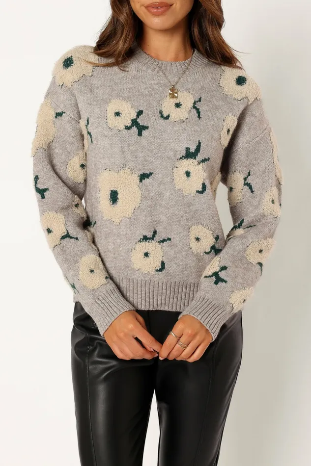 Sweaters Women Aubrielle All Over Flower Knit Sweater Grey Green Petal and Pup