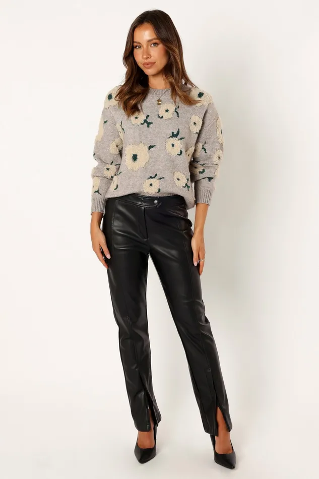 Sweaters Women Aubrielle All Over Flower Knit Sweater Grey Green Petal and Pup