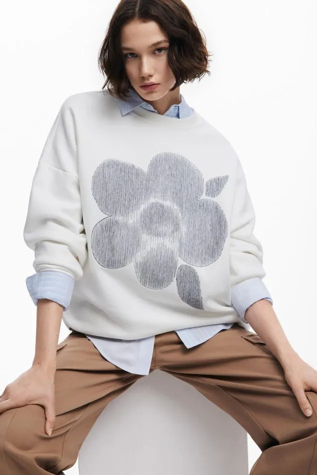 Sweaters Women Desigual Floral Print Sweatshirt White