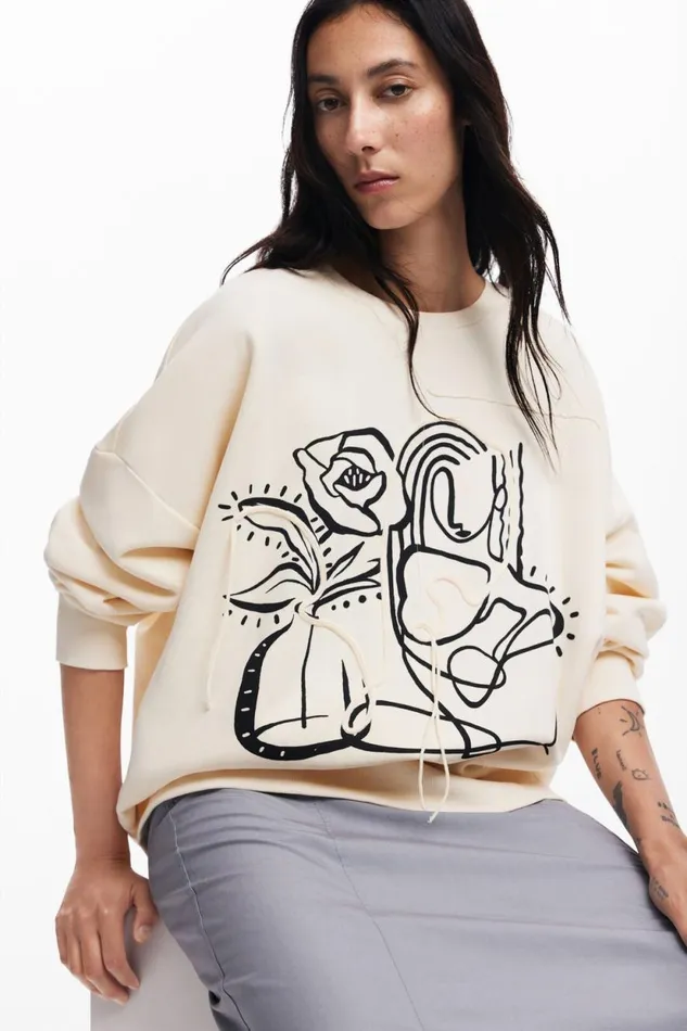 Sweaters Women Desigual Oversized Floral Sweatshirt White