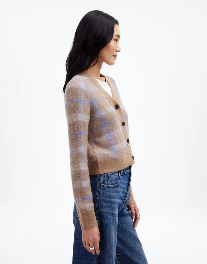 Sweaters Women Madewell AlpacaBlend VNeck Cardigan In Plaid Warm Camel Plaid