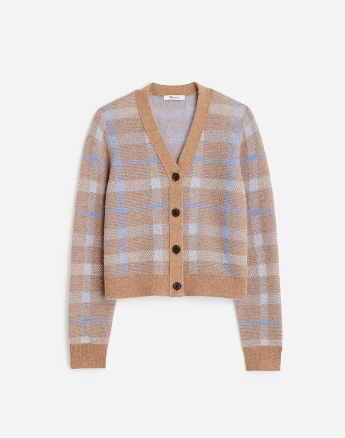 Sweaters Women Madewell AlpacaBlend VNeck Cardigan In Plaid Warm Camel Plaid
