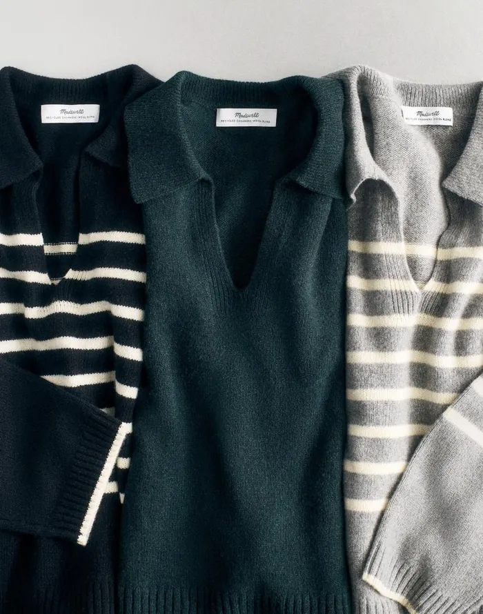 Sweaters Women Madewell CashmereWool Blend Polo Sweater Asphalt Stripe