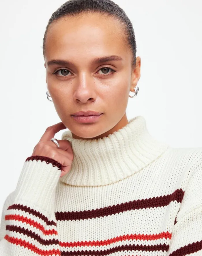 Sweaters Women Madewell Ribbed Cotton Turtleneck Sweater In Stripe Cabernet Stripe Sweaters Women Madewell Ribbed Cotton Turtleneck Sweater In Stripe Cabernet Stripe