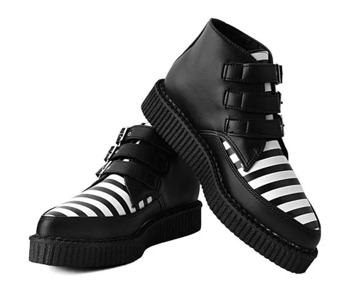 TUK Shoes Boots Women Black and White Stripe Vegan 3Buckle Pointed Boot TUK Shoes Boots Women Black and White Stripe Vegan 3Buckle Pointed Boot