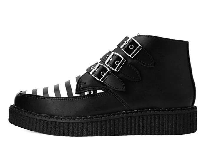 TUK Shoes Boots Women Black and White Stripe Vegan 3Buckle Pointed Boot TUK Shoes Boots Women Black and White Stripe Vegan 3Buckle Pointed Boot