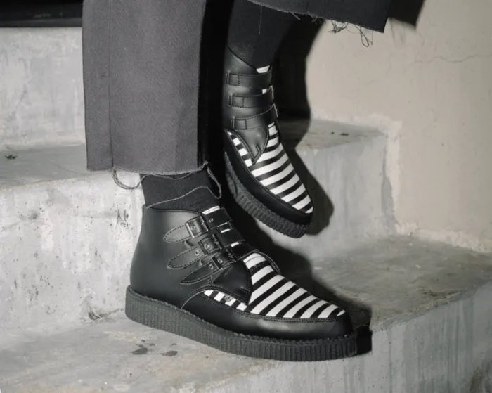TUK Shoes Boots Women Black and White Stripe Vegan 3Buckle Pointed Boot TUK Shoes Boots Women Black and White Stripe Vegan 3Buckle Pointed Boot
