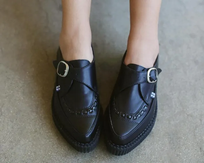 TUK Shoes Dress Shoes Men Black Vegan TUKskin Pointed Toe Monk Buckle Creepers
