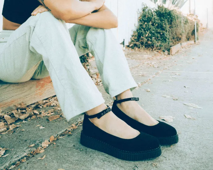 TUK Shoes Mary Janes Women Black Pointed Ballet Vegan Ankle Strap Creepers TUK Shoes Mary Janes Women Black Pointed Ballet Vegan Ankle Strap Creepers
