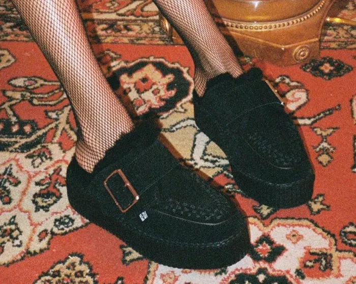 TUK Shoes Platforms Women Black Suede Wool Creeper Mule